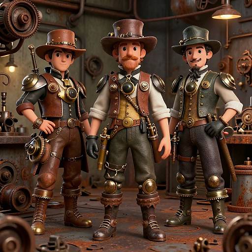Three cartoon-style, steampunk miners in brown hats, leather vests, and brass accents stand in a dimly lit, industrial workshop. CGI image