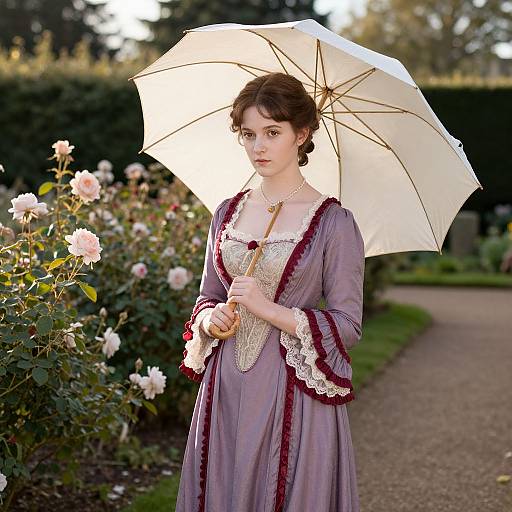 Photograph of a pale-skinned, brunette woman in a Victorian-style lavender dress with lace trim, holding a white parasol, standing in a blo