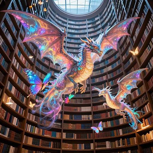 Digital artwork: Vibrant, ethereal dragon with glowing, rainbow-colored wings and scales, soaring above a grand, circular library filled with books and floating