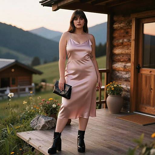 Woman in Pink Silk Dress at Mountain Cabin