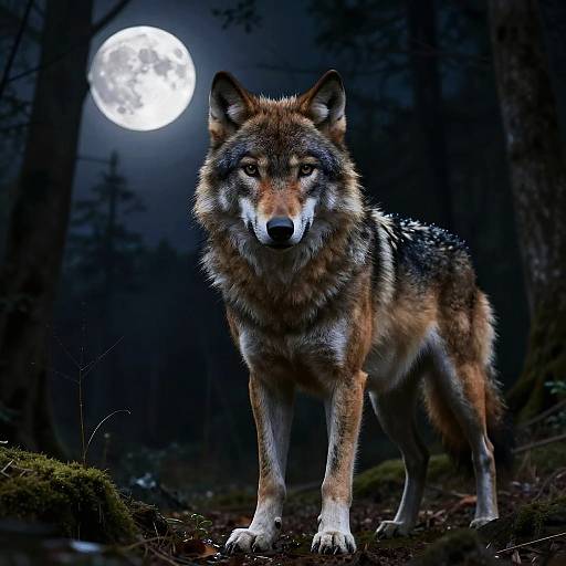 Photograph of a fierce, full-moon-lit wolf with striking amber eyes, standing on moss-covered forest ground, surrounded by dark, shadowy