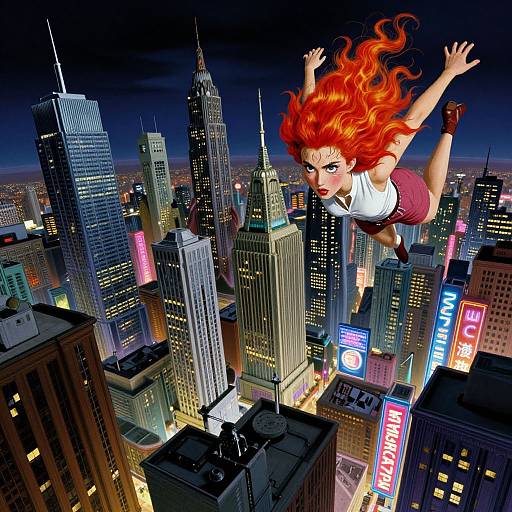 Digital illustration of a fiery-red-haired woman with large eyes, white shirt, and red skirt, flying over a neon-lit, nighttime cityscape filled