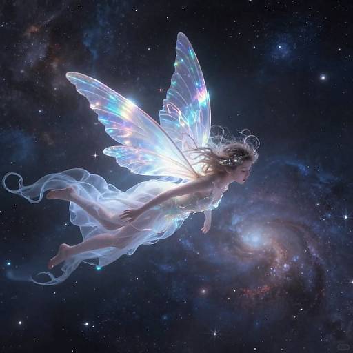 Digital artwork of a glowing, ethereal fairy with translucent wings, floating in a starry, cosmic galaxy, illuminated by a soft blue light.