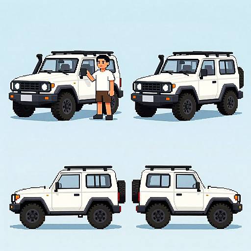 Pixel art of a man in a white shirt and brown shorts standing beside four white off-road SUVs, viewed from front and side angles.