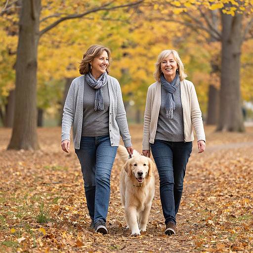 Photograph of two smiling women, one with brown hair, the other blonde, walking an Golden Retriever in a leaf-covered autumn park.