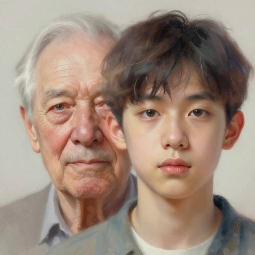 Digital portrait of an elderly Asian man with white hair and wrinkles standing behind a young Asian boy with short black hair and smooth skin. Both have serious expressions