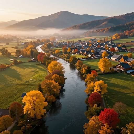 Aerial photograph of a serene autumn village with a winding river, colorful trees, and misty hills at sunrise.