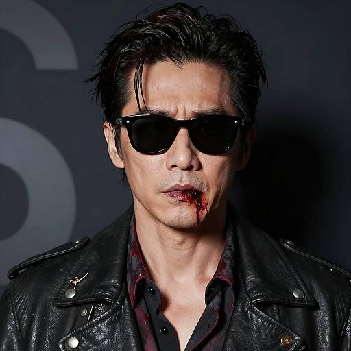 Intense Man with Bloody Lips and Sunglasses