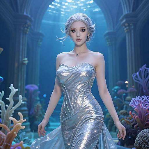 Digital art of a silver-haired, fair-skinned mermaid in a shimmering, strapless silver gown, walking through a blue-lit underwater palace