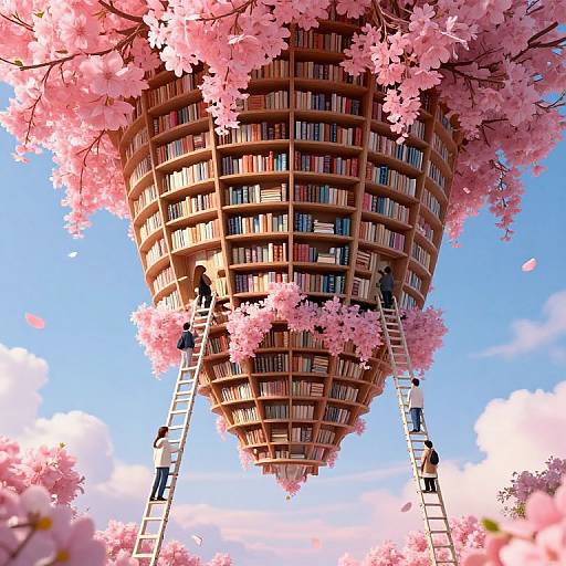 Surreal Inverted Library with Blooming Books