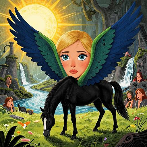Digital art of a blonde-winged fairy with large blue wings on a black horse in a magical forest, sunlight above, people in background near waterfalls