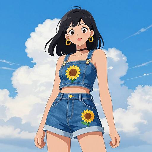 Anime-style digital illustration of a smiling young woman with black hair, wearing denim overalls with sunflower patches, gold hoop earrings, and a choker