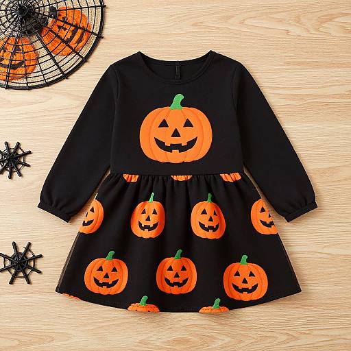 Photograph of a black Halloween dress with orange pumpkin patterns, lying on light wooden surface with black spider decorations and a web.