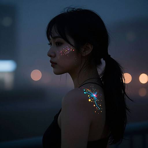 Photograph of a silhouetted woman with glowing face and shoulder paint in dark blue twilight, city lights blurred in background.