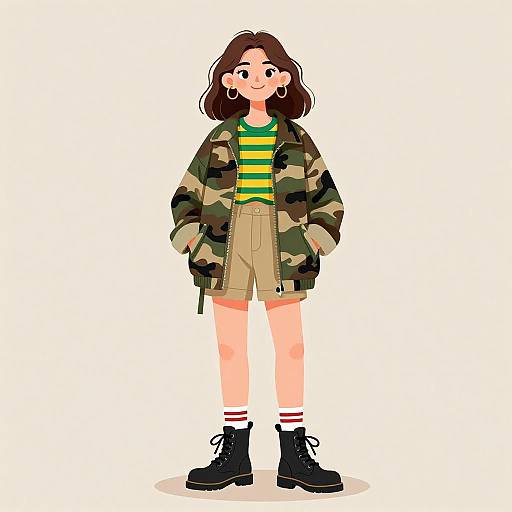 Cartoon-style drawing of a smiling young woman with brown hair, wearing a camo jacket, green-and-yellow striped shirt, beige shorts, white socks