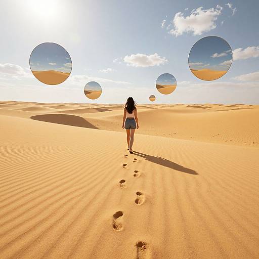 Photograph of a woman walking in a sunlit desert, shadowed by large circles reflecting the sky, with footprints trailing behind.