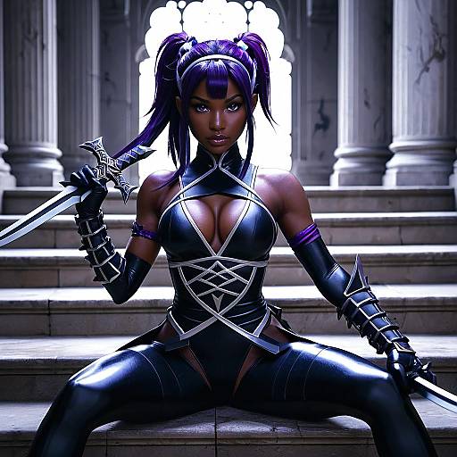 Digital art of a dark-skinned, purple-haired warrior woman with large breasts, black leather armor, and spiked gauntlets, sitting on stone steps