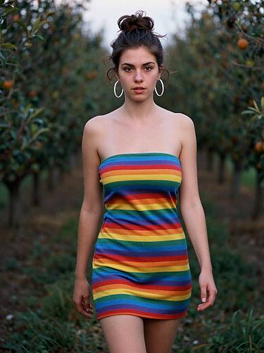 Photograph of a young woman with dark hair in a bun, wearing a strapless, rainbow-striped dress, standing in an orange tree orchard.