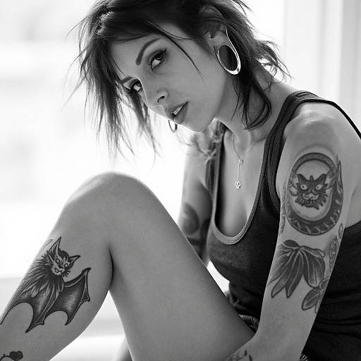 Black-and-white photograph of a tattooed woman with short dark hair, hoop earrings, tank top, and bat and cat tattoos, sitting with a focused