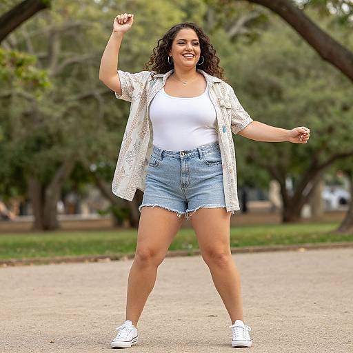 Photograph of a smiling, curly-haired woman with medium-dark skin, wearing a white tank top, denim shorts, white sneakers, and an open lace
