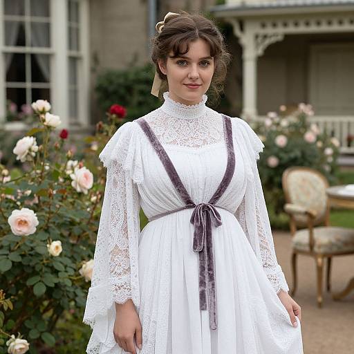 Photograph of a young woman with fair skin and brown hair in an elegant white lace dress with gray sash, standing in a blooming rose garden