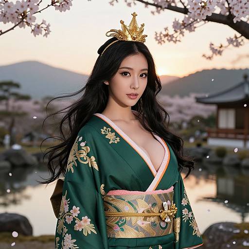 Photograph of an Asian woman with long black hair, wearing a green kimono with floral patterns, gold obi, and a small gold crown,