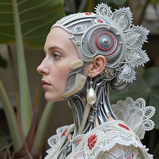 Photorealistic digital art of a pale-skinned woman with intricate, cybernetic lace headpiece and neck, wearing white lace with red accents,