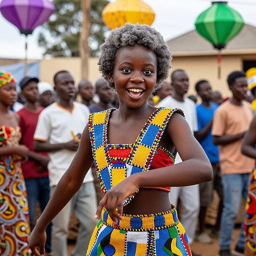 Photograph of a smiling young African girl with dark skin and curly hair, wearing a colorful, beaded, geometric-patterned dress, standing in front