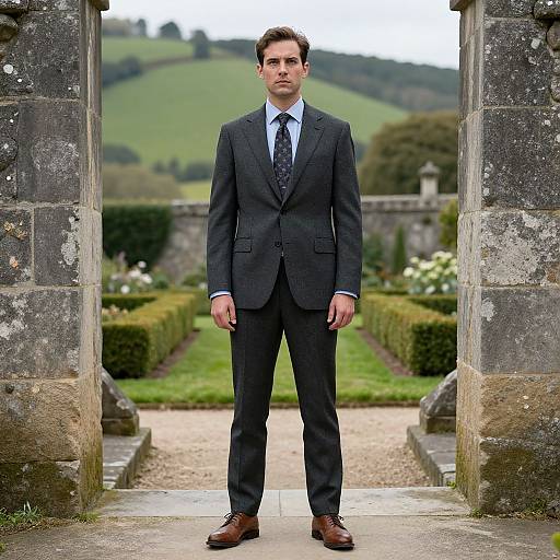 Photograph of a handsome, serious-looking man in a dark gray suit, white shirt, and dark tie, standing between stone arches of a garden
