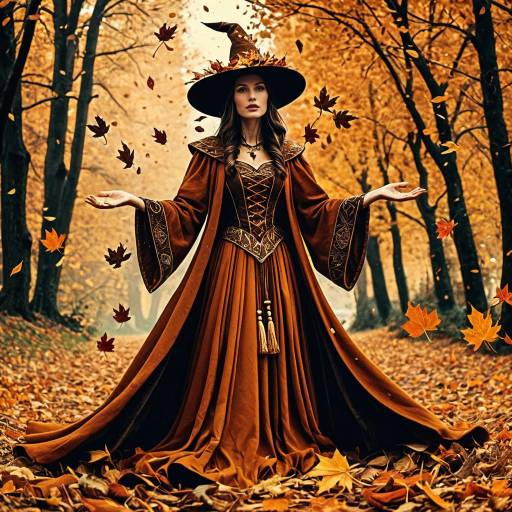 Autumn Sorceress in Rust Dress with Falling Leaves Autumn Sorceress in Rust Dress with Falling Leaves