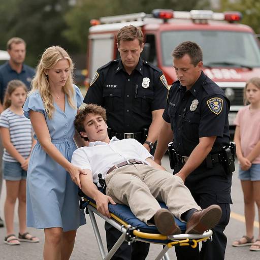 Young man carried on stretcher by police and woman