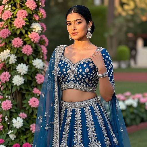 Photograph of a South Asian woman in a blue, silver-embroidered traditional lehenga with a matching choli, standing amidst blooming pink