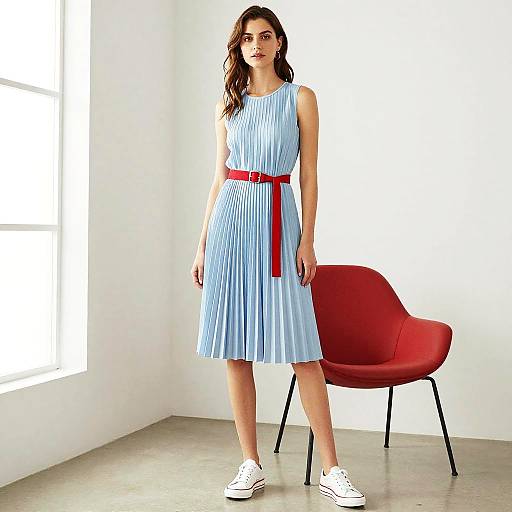 Photograph of a young woman with wavy brown hair in a light blue, sleeveless, pleated dress with a red belt, standing by a
