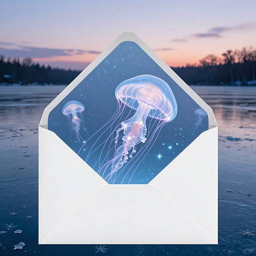 Photograph of a white envelope with a blue, starry background featuring glowing jellyfish, set against a sunset over a frozen lake.