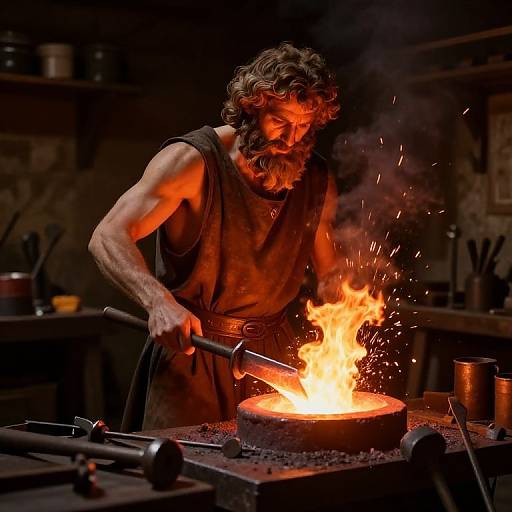 Photograph of a muscular, bearded blacksmith with curly hair, wearing a brown sleeveless apron, hammering a glowing, fiery forge in