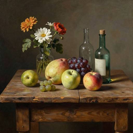 Photograph of rustic wooden table with floral vase, apples, grapes, green bottle, and wine bottle, set against dark background.