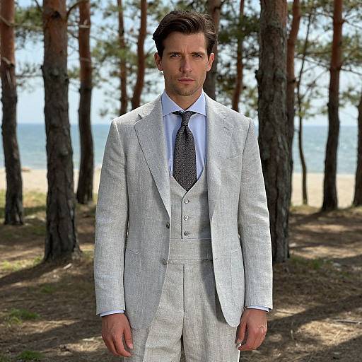 Photograph of a handsome man with dark hair, wearing a light gray suit, white shirt, and black polka dot tie, standing in a pine