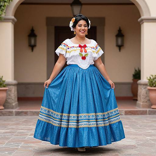Photograph of a smiling, curvy woman with dark hair in a white embroidered top and blue, traditional Mexican skirt, standing on a tiled patio with
