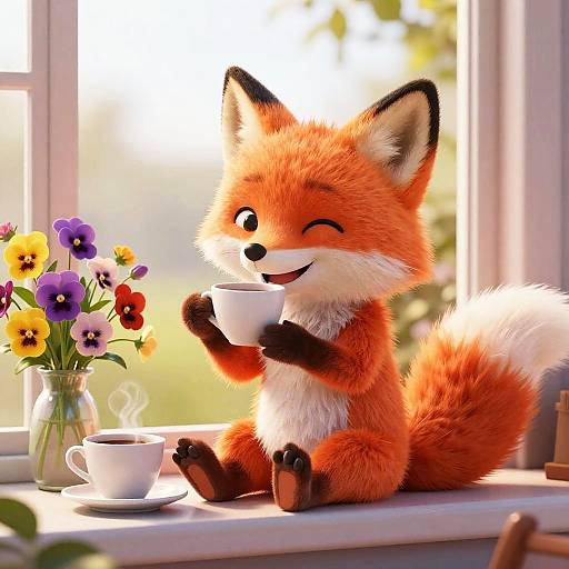 Cute digital illustration of a fluffy red fox with black-tipped ears and paws, sitting on a windowsill, winking while holding a white