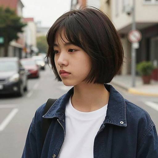 Photograph of an Asian teenage girl with short black hair, wearing a denim jacket over a white shirt, standing on a city street with blurred background and