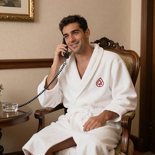Man in Bathrobe on Ornate Chair