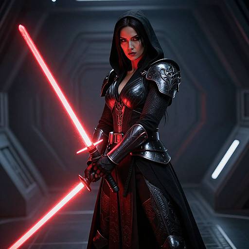 Digital art of a dark-haired woman in black armor holding glowing red lightsabers in a futuristic, dimly lit corridor.
