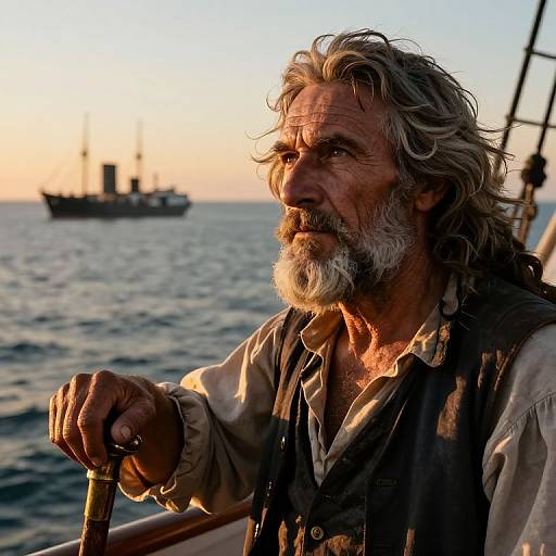 Photograph of an aged, bearded man with gray hair, wearing a rugged shirt and vest, gripping a ship's rail at sunset, with a