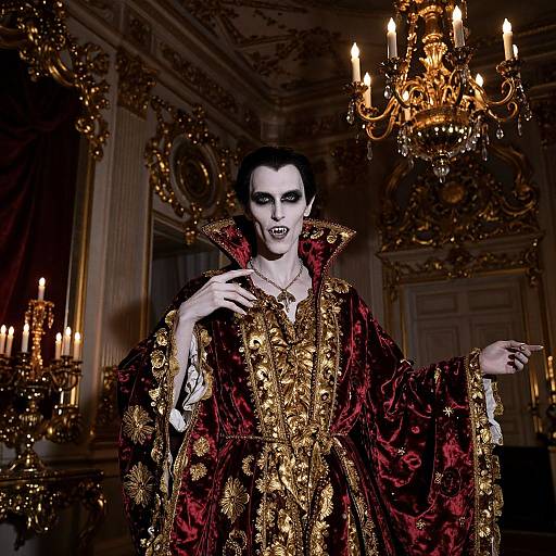 Photograph of a pale, dark-eyed vampire with black hair, wearing an ornate, gold-embroidered red velvet robe, in a luxurious