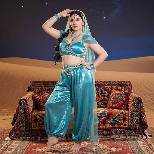 Photograph of a dancer in blue belly dance outfit, veil, and jewelry, posing in front of a patterned couch in a desert backdrop with sand