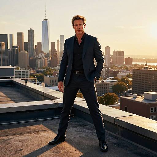 Photograph of a handsome man with short, spiked brown hair, wearing a black suit, standing confidently on a rooftop at sunset, with a city skyline