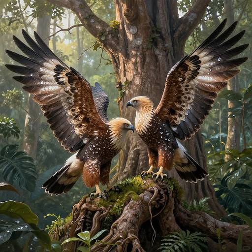 Photorealistic digital art of two majestic, brown-and-yellow harpy eagles with wings spread wide, perched on a mossy tree branch in