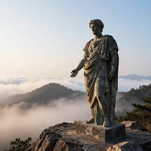 Stoic Dark Stone Statue at Sunrise