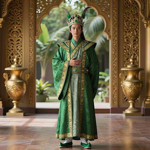 Regal Man in Green Traditional Costume