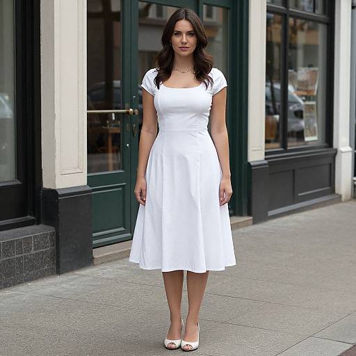 Photograph of a young woman with long, wavy brown hair wearing a white, short-sleeved, knee-length dress and white heels, standing